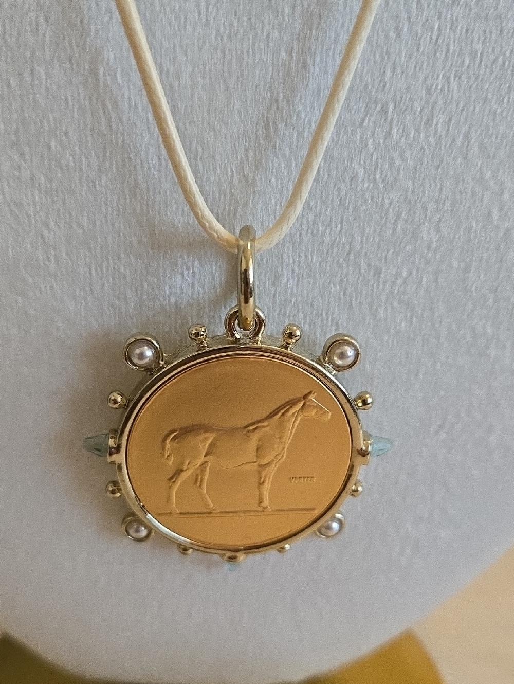 Equestrian 🐎 horse pearl & Coin gold jeweled Pendant. Affordable Luxury